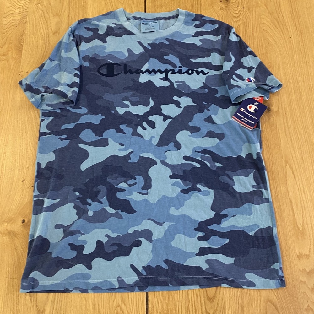 CHAMPION NWT BLUE CAMO CAMOUFLAGE PRINT LOGO SPORT GEAR TEE SHIRT Large